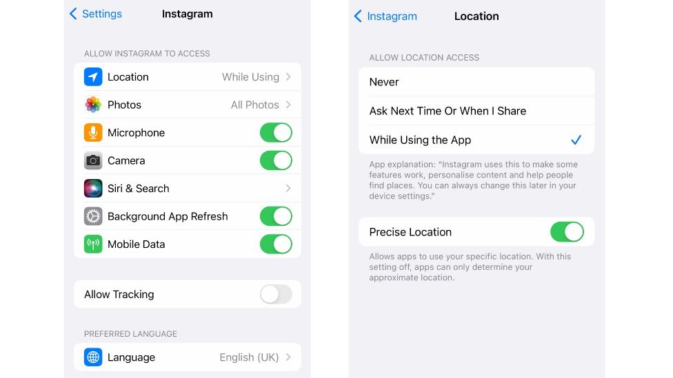 Two screenshots from an iPhone show how precise location appears in Instagram location settings