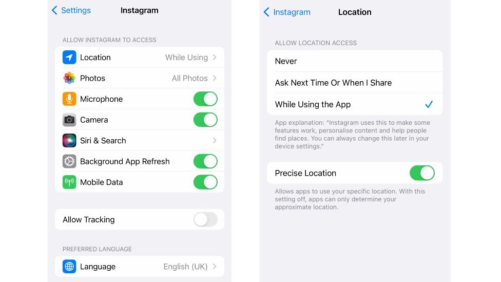 Два снимка экрана с iPhone показывают, как точное местоположение отображается в настройках местоположения в Instagram