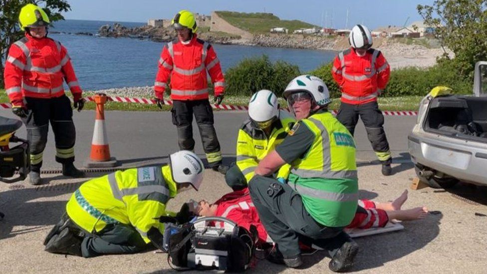 Emergency crews in Alderney during a training exercise