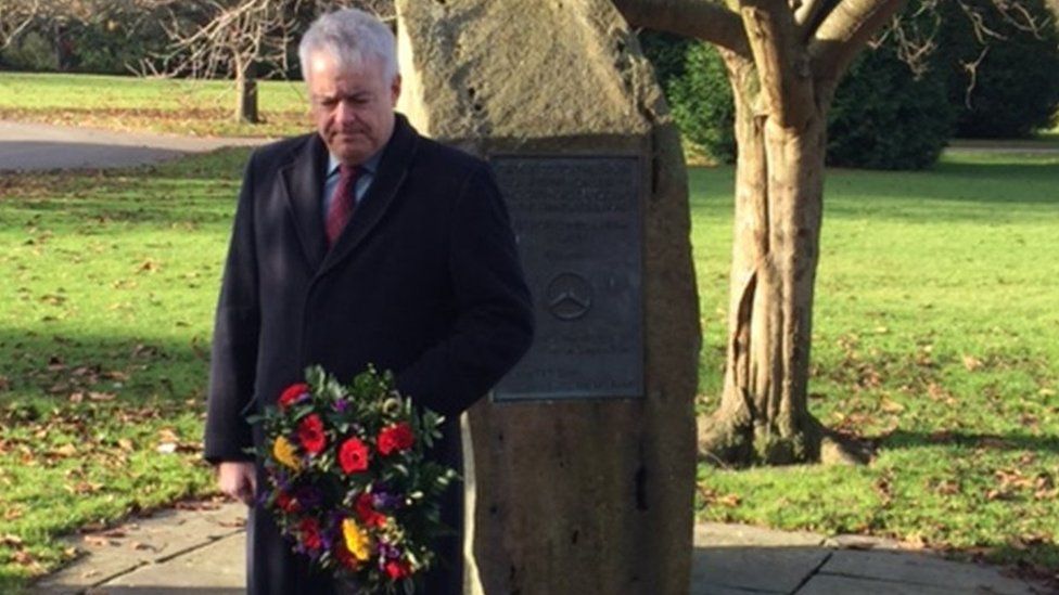 First Minister Carwyn Jones laid a wreath at the memorial which was installed in Cardiff's civic centre in 1992