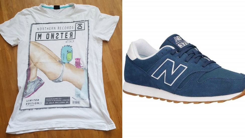Blue New Balance trainers and a Fishbone t-shirt