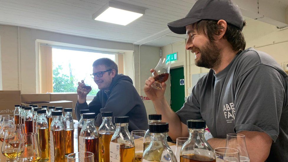 Testing blends of the new whisky at Aber Falls
