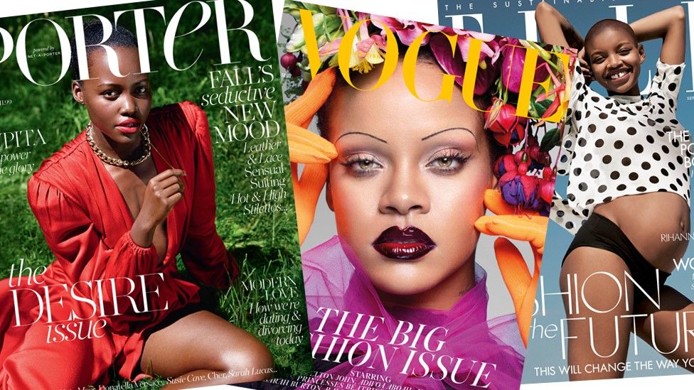 British Vogue front cover featuring Rihanna, Porter magazine front cover featuring Lupita Nyong'o and Elle UK front cover featuring Slick Woods