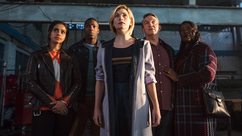 Doctor Who cast: L-R : Yaz (MANDIP GILL), Ryan (TOSIN COLE), The Doctor (JODIE WHITTAKER), Graham (BRADLEY WALSH) and Grace (SHARON D CLARKE)