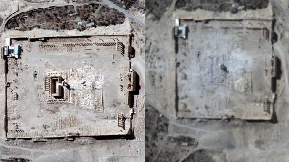Satellite images from before and after a powerful blast in the ruins of Palmyra