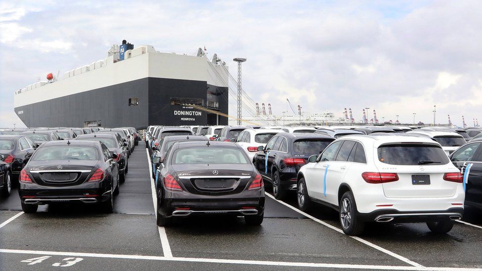 Cars of German car maker Mercedes Benz are parked at the automotive terminal at the port of Bremerhaven, northern Germany, 23 July 2017 (re-issued 02 July 2018).