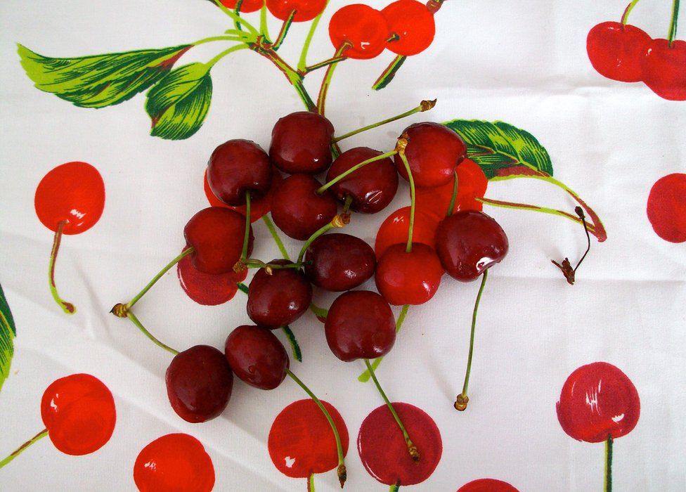 Cherries on a tablecloth