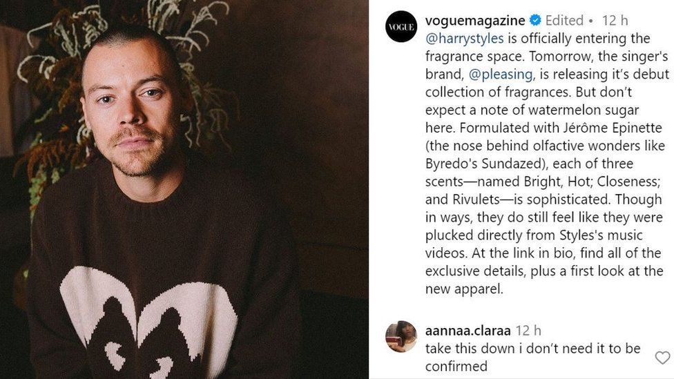  "@harrystyles is officially entering the fragrance space. Tomorrow, the singer's brand, @pleasing, is releasing it’s debut collection of fragrances. But don’t expect a note of watermelon sugar here. Formulated with Jérôme Epinette (the nose behind olfactive wonders like Byredo's Sundazed), each of three scents—named Bright, Hot; Closeness; and Rivulets—is sophisticated. Though in ways, they do still feel like they were plucked directly from Styles's music videos. At the link in bio, find all of the exclusive details, plus a first look at the new apparel.". Below is a comment from a user reading "take this down I don't need it to be confirmed"