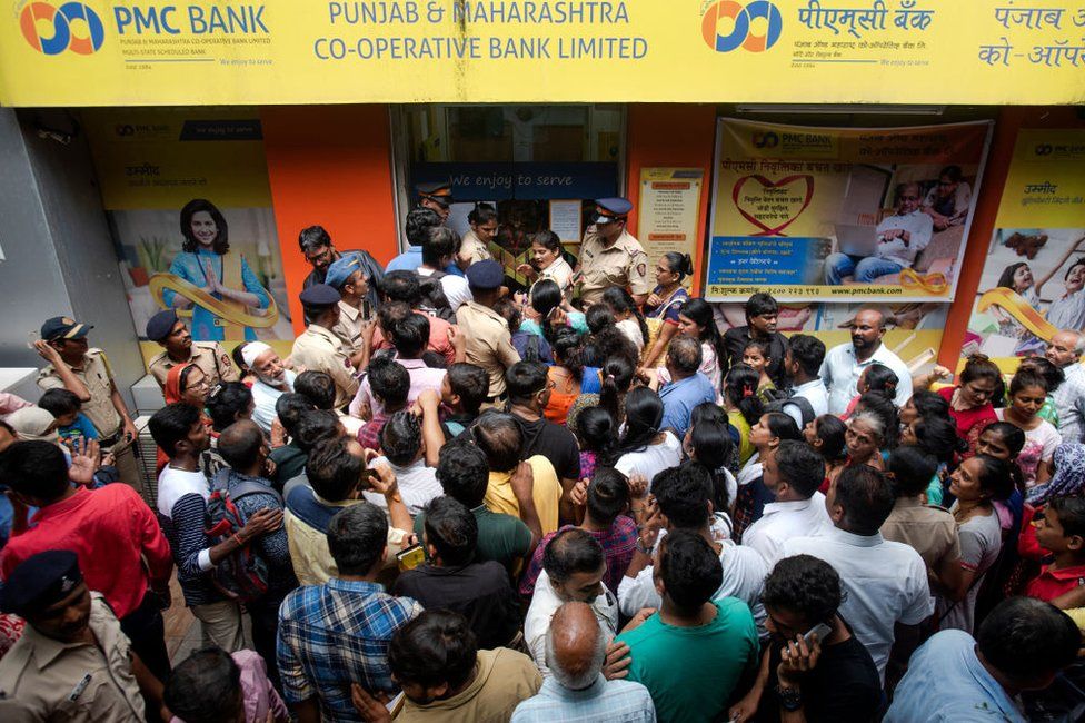 Long queues of account holders at a branch of Punjab and Maharashtra Co-operative Bank Ltd after the Reserve Bank of India put regulatory restrictions on the bank on September 24, 2019 in Mumbai.