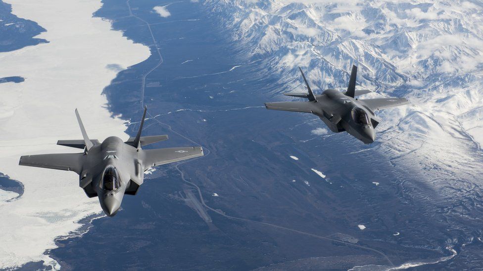 Two F-35A Lightning II aircraft en route to the 354th Fighter Wing at Eielson Air Force Base, Alaska