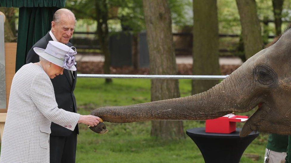 Queen Elizabeth II and the Duke of Edinburgh with an elephant at ZSL Whipsnade Zoo