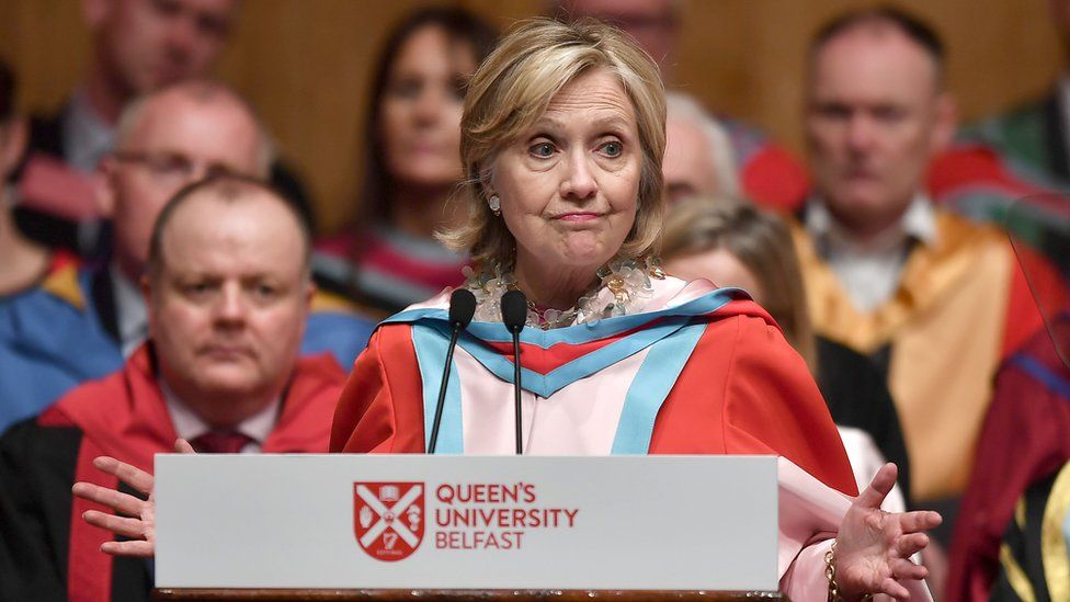 Hilary Clinton speaking to an audience at Queen's University Belfast