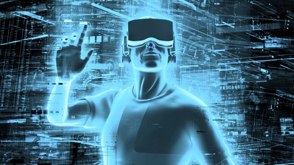 3D render of man wearing virtual reality glasses surrounded by virtual data