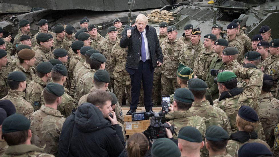 Prime Minister Boris Johnson speaks to British troops stationed in Estonia during a one-day visit to the Baltic country.