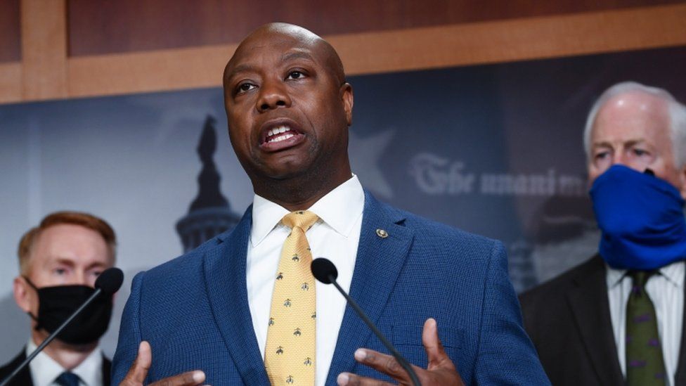 Sen. Tim Scott speaks at a news conference to announce a Republican police reform bill on Capitol Hill in Washington, DC, USA, 17 June 2020