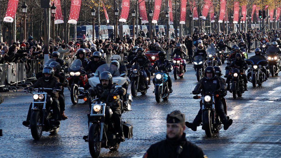Bikers on the Champs-Elysees pay tribute to late French singer and actor Johnny Hallyday in Paris, 9 December 2017