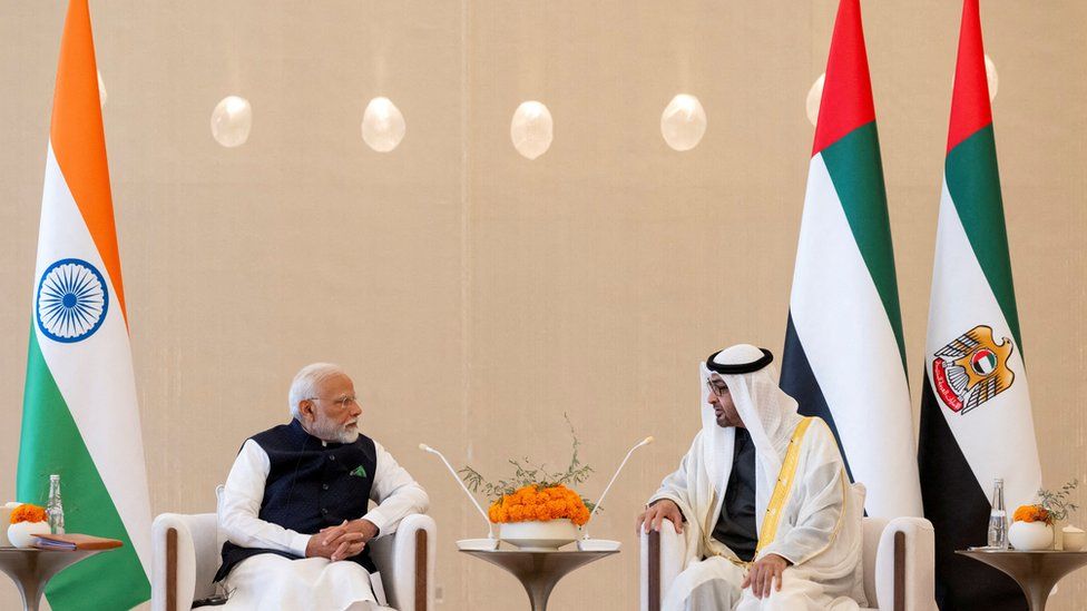 Sheikh Mohamed bin Zayed Al Nahyan, President of the United Arab Emirates, meets with Narendra Modi, Prime Minister of India, during a reception at the Presidential Airport in Abu Dhabi on 13 February 2024.