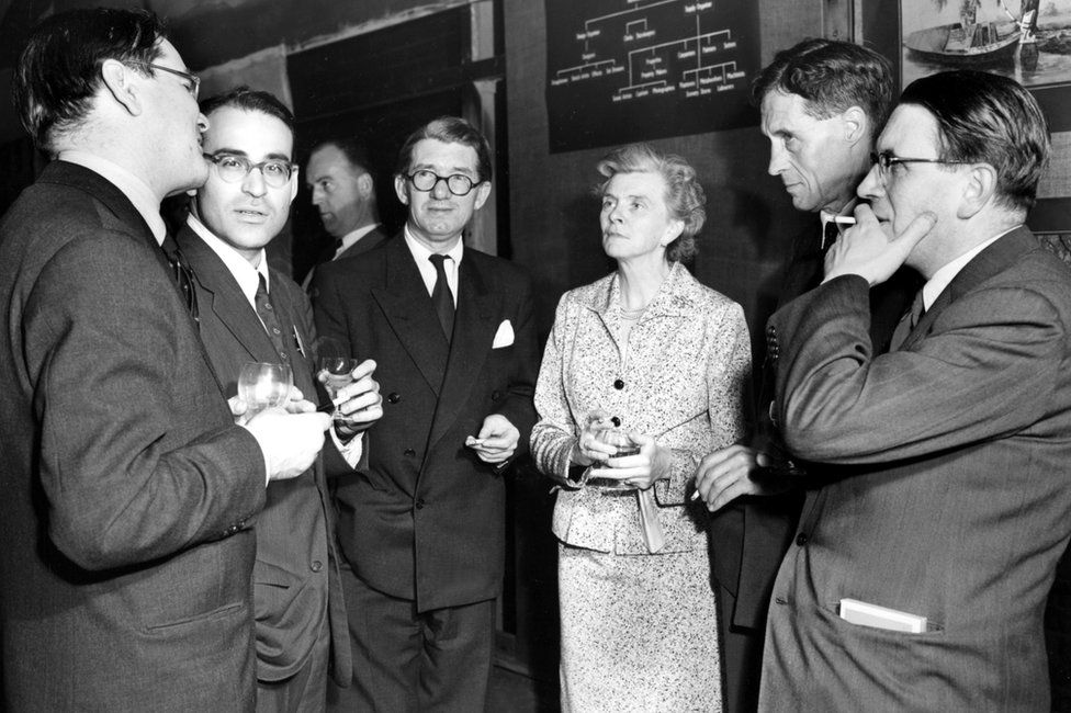 A farewell cocktail party for the delegates was given by the BBC on July 23 1954. Picture shows Mr Perry Wolff (USA), Mr Cecil McGiven (BBC Controller Programmes, Television), Mrs Mary Adams (BBC) Professor PMS Blackett (Professor of Physics, Imperial College) and Mr Ritchie Calder (Science journalist). Television producers and directors from ten countries attended in London a three week study course of educational and cultural programmes organised by the United Nations Educational, Scientific and Cultural Organisation in conjunction with the BBC.