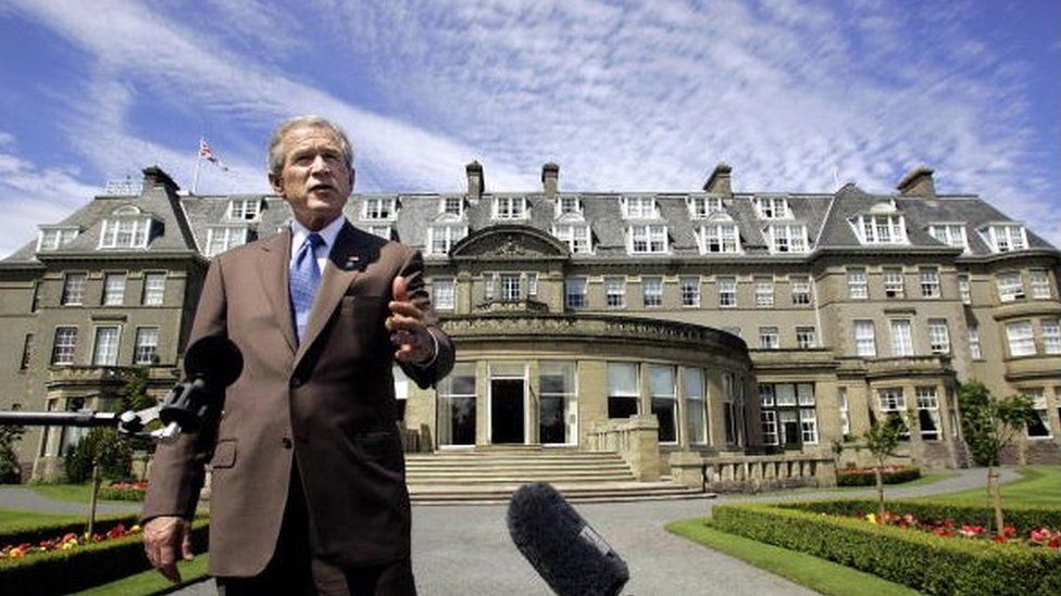 US President George W Bush outside the Gleneagles Hotel for the G8 summit in July 2005