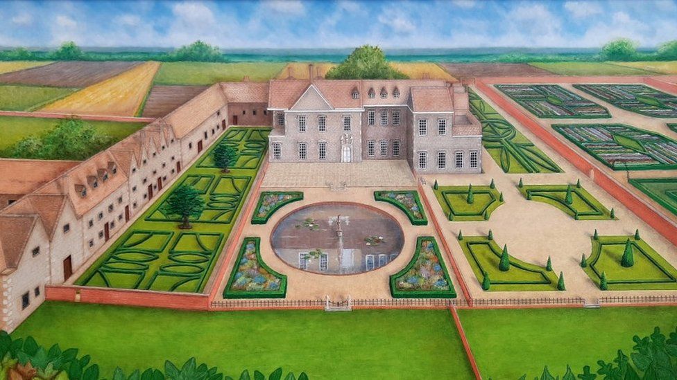 Painting of house with several large gardens
