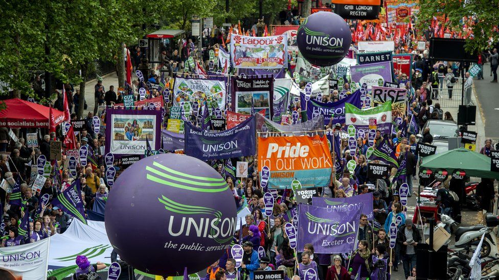 Union members filling the streets at a TUC protest in London