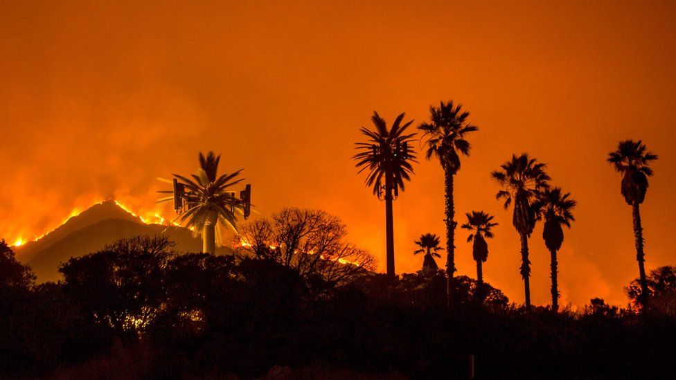 The Thomas Fire burns along a hillside near Santa Paula, California, on December 5, 2017.