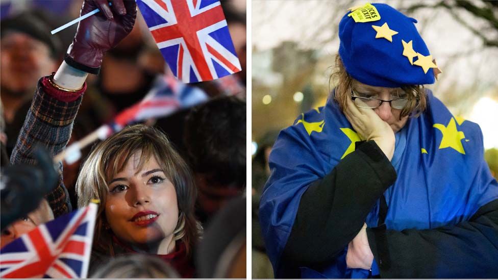 A pro-Brexit and anti-Brexit supporter at events last night