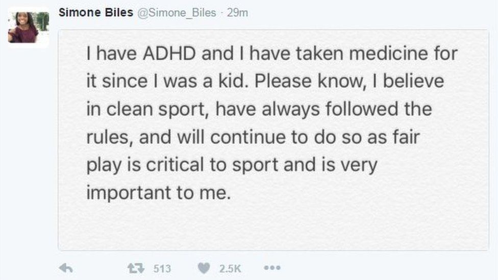 Simone Biles tweet: "I have ADHD and I have taken medicine for it since I was a kid. Please know, I believe in clean sport, have always followed the rules, and will continue to do so as fair play is critical to sport and is very important to me."