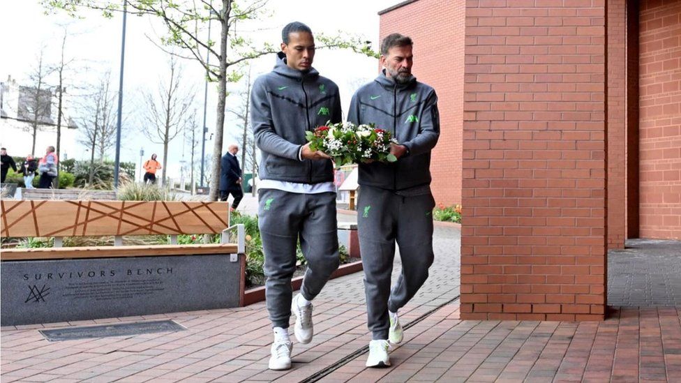 Jürgen Klopp and Virgil van Dijk lay wreath at Hillsborough memorial at Anfield