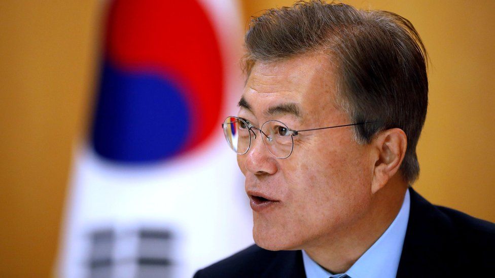 South Korean President Moon Jae-in speaks during an interview with Reuters at the Presidential Blue House in Seoul, South Korea June 22, 2017.