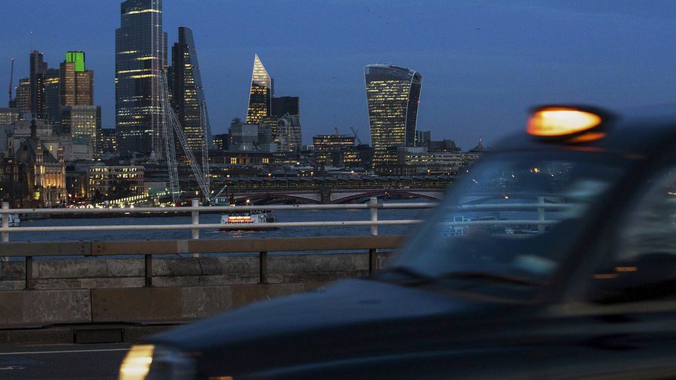 London skyline and black taxi