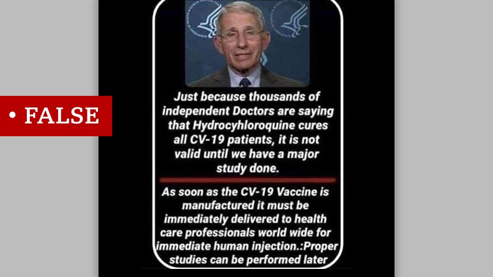 Image of Dr Anthony Fauci with two statements below that were inaccurately attributed to him. We labelled the meme "false"