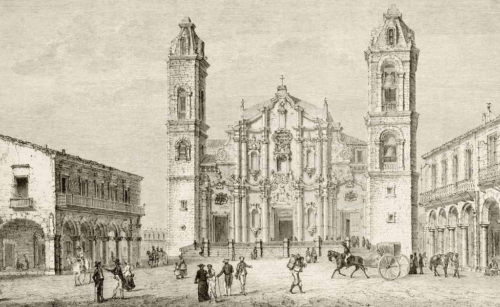 The Cathedral in Havana, Cuba circa 1880s. From a 19th century illustration.