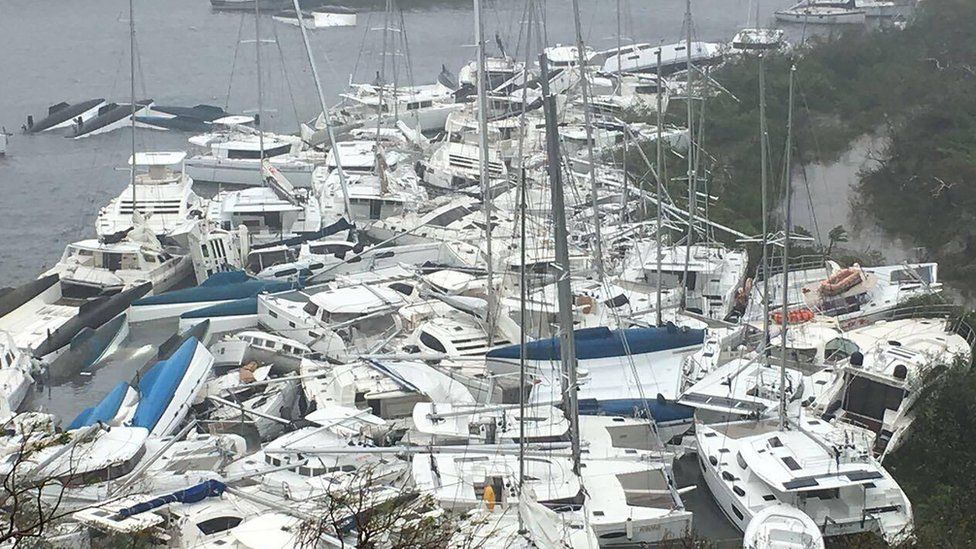 Boats crammed against the shore in Paraquita Bay in the British Virgin Islands