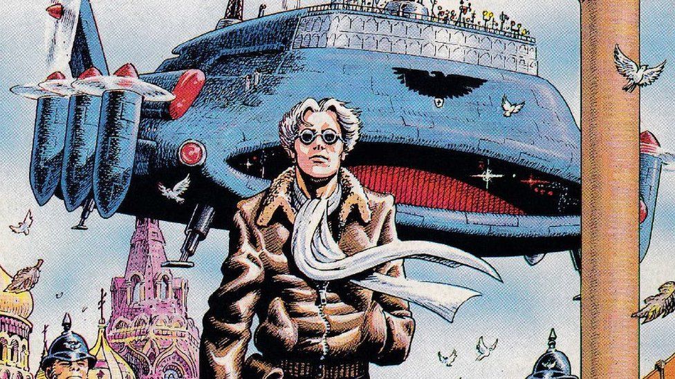 Coloured sketch of a man in sunglasses with a giant flying ship behind him