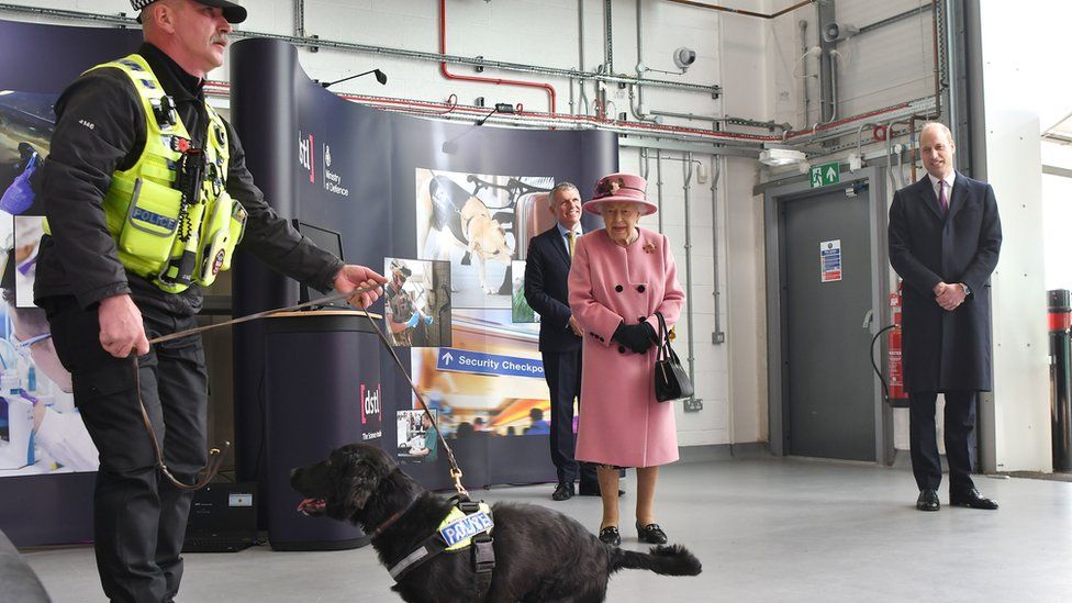 The Queen and the Duke of Cambridge watched a demonstration of a forensic explosives investigation with explosives detection dog named "Max" during their visit