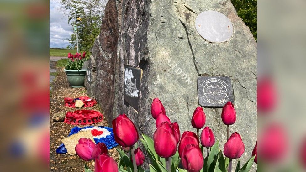 Tulips at the wartime memorial at former RAF Saltby