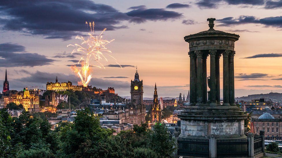 Fireworks over Edinburgh skyline during festival