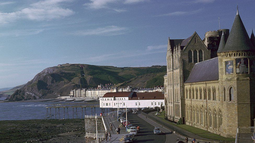 Aberystwyth University Old College and hills in the distance