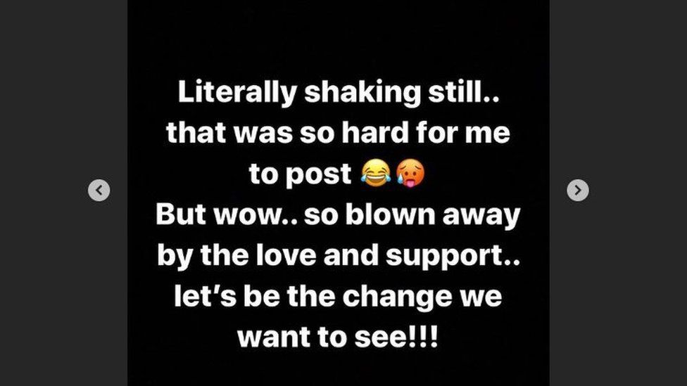 Demi Lovato's words on her Instagram story stating: "Literally shaking still... that was so hard for me to post. But wow.. so blown away by the love and support..let's be the change we want to see