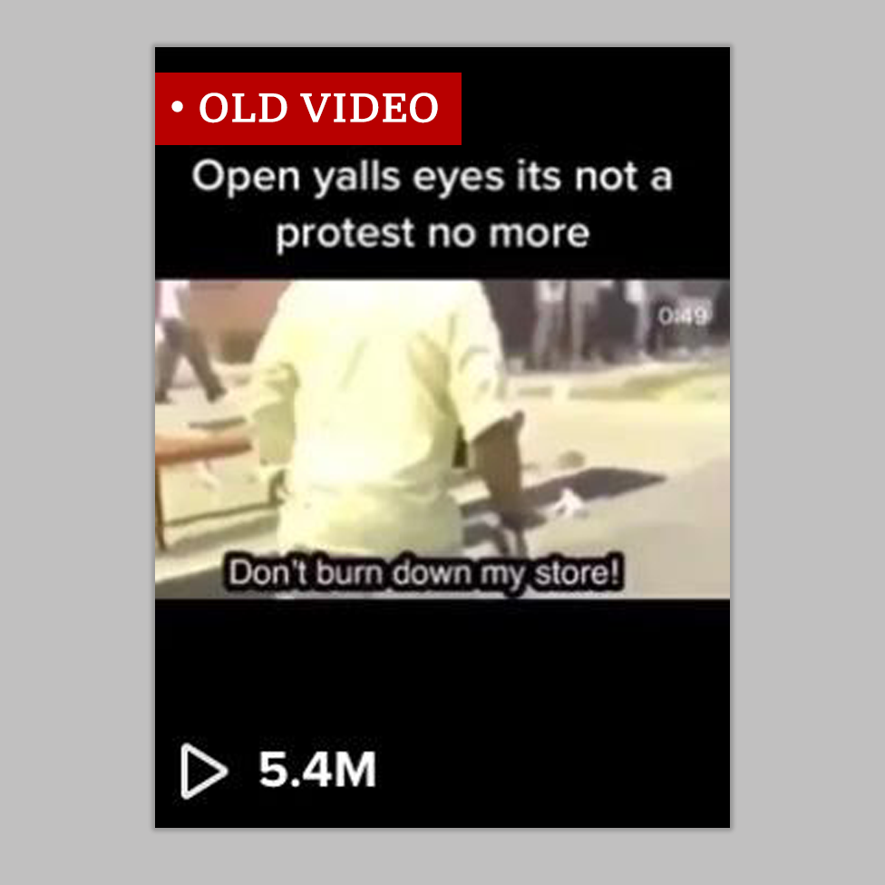 Screenshot labelled "old video" of a man quoted saying "Don't burn down my store" and the clip is captioned "Open yalls eyes its not a protest no more". The clip is from the US riots of 1992.