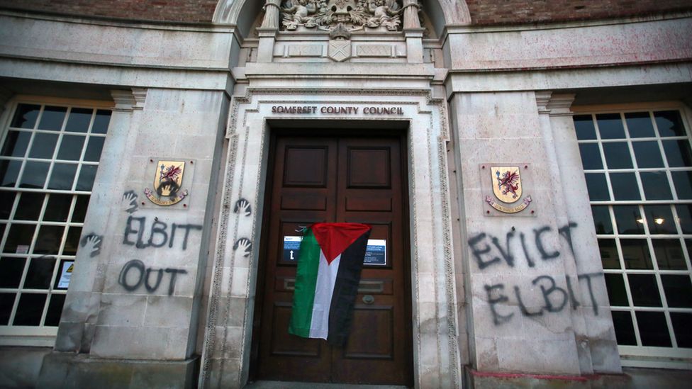 Palestine protest graffiti on the outside of county hall in Taunton