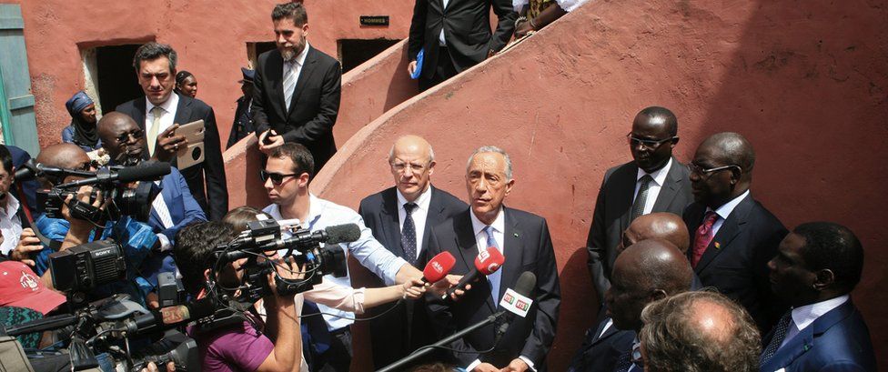Portuguese President Marcelo Rebelo de Sousa visits the House of Slaves (Maison des Esclaves), a museum and memorial to the Atlantic slave trade on Goree Island, 3 km off the coast of the city of Dakar, on April 13, 2017.