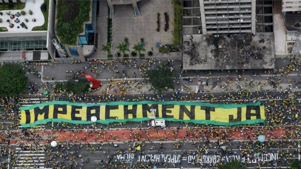 Demonstrators attend a protest against Brazil's President Dilma Rousseff, part of nationwide protests calling for her impeachment, in Sao Paulo, Brazil, March 13, 2016