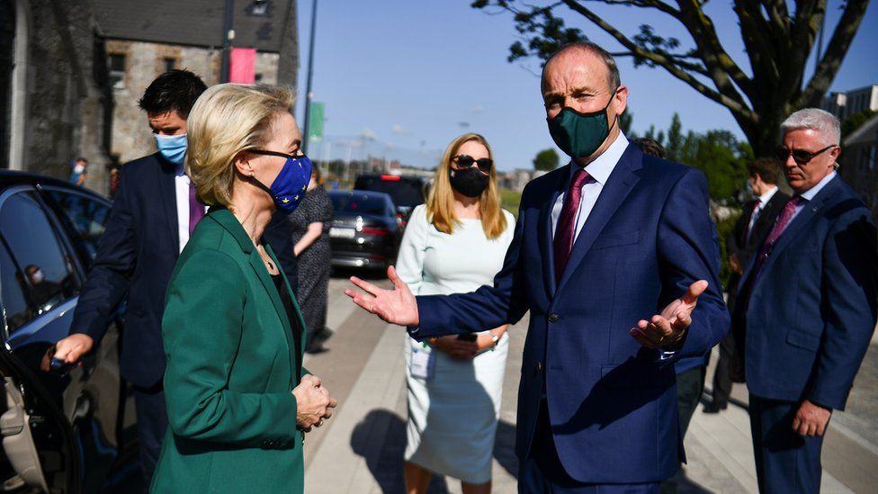 Ireland"s Prime Minister (Taoiseach) Micheal Martin meets with European Commission President Ursula von der Leyen in Dublin, Ireland, July 16, 2021. REUTERS/Clodagh Kilcoyne