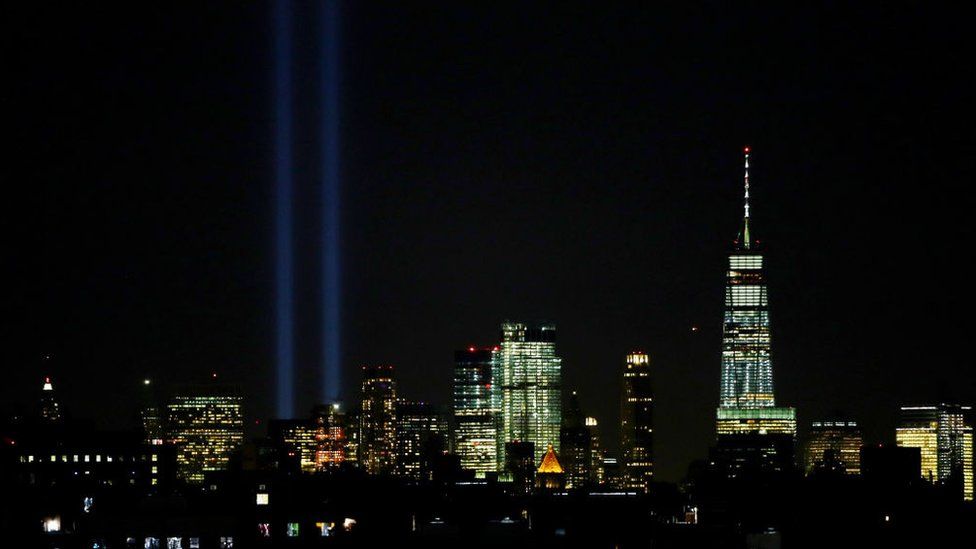 The 'Tribute in Light' commemorating the anniversary of the September 11 terrorist attacks; photo from 2017
