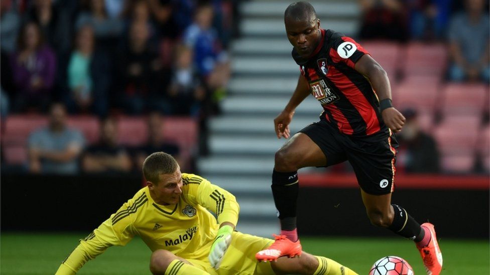 Bournemouth's Tokelo Rantie gets away from Cardiff City's Simon Moore to score the first goal during the Pre-Season Friendly match at the Vitality Stadium, Bournemouth