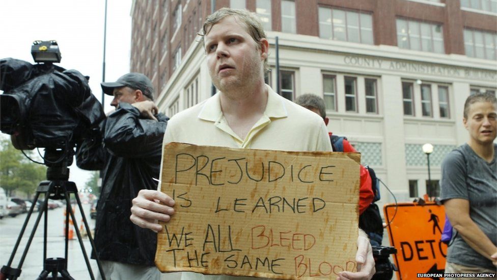A protester outside the Hamilton County Courthouse