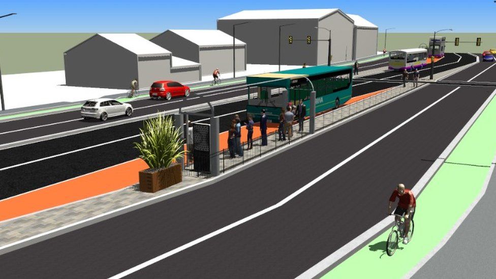 Visualisation showing the proposed bus hub and cycle route along Manchester Road