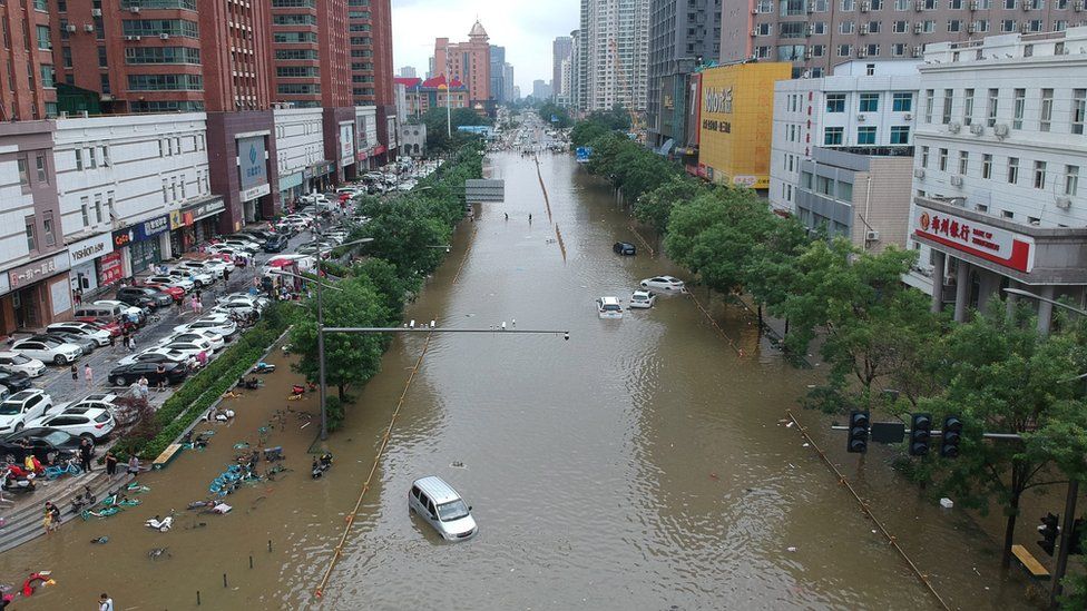 An aerial view shows a flooded road section following heavy rainfall in Zhengzhou